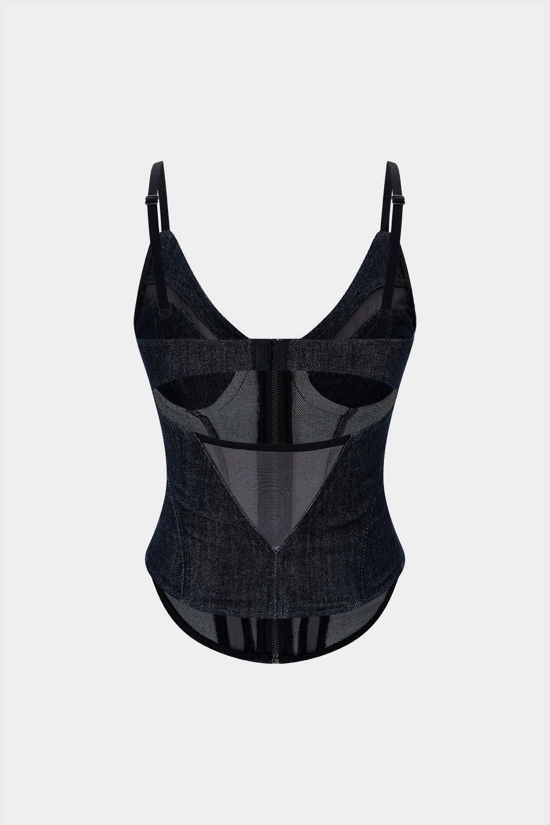 Jeans-Patchwork-Mesh-Transparenz-Reißverschluss-Cami-Top