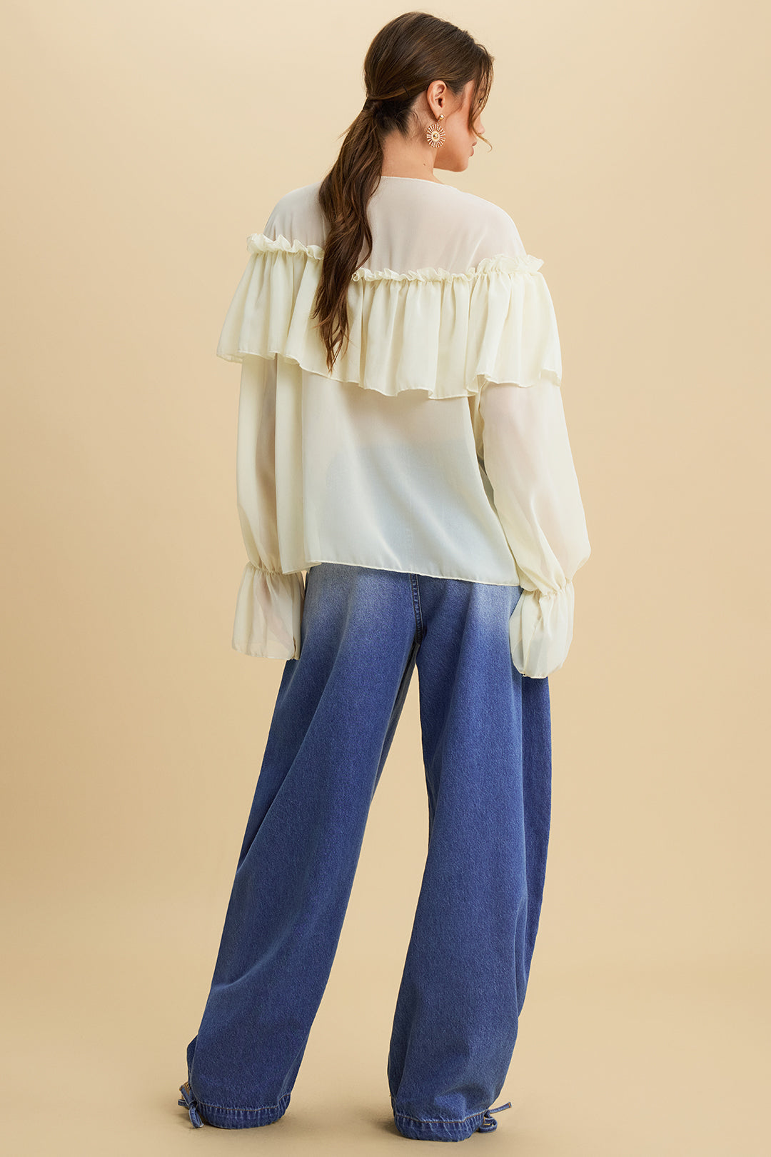 Chiffonrüschen Gerafftes Trägerloses Glockenlangarmshirt