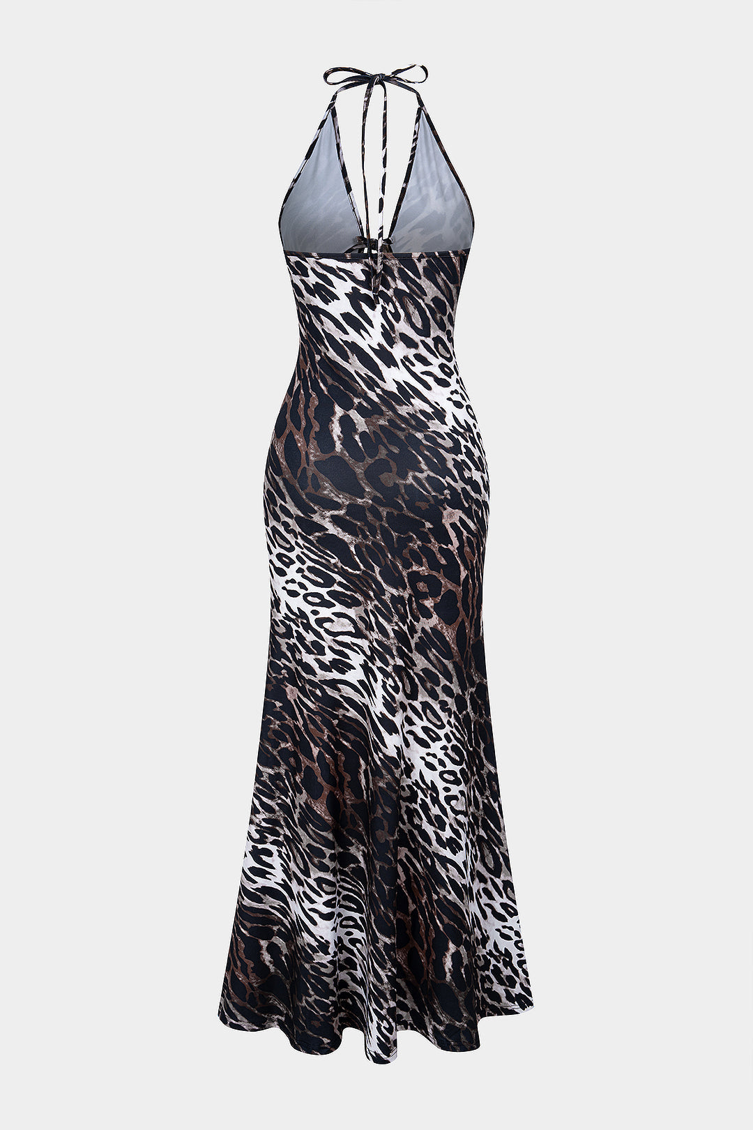 Robe longue sans manches dos nu à motif léopard avec licou et décolleté en V à nouer