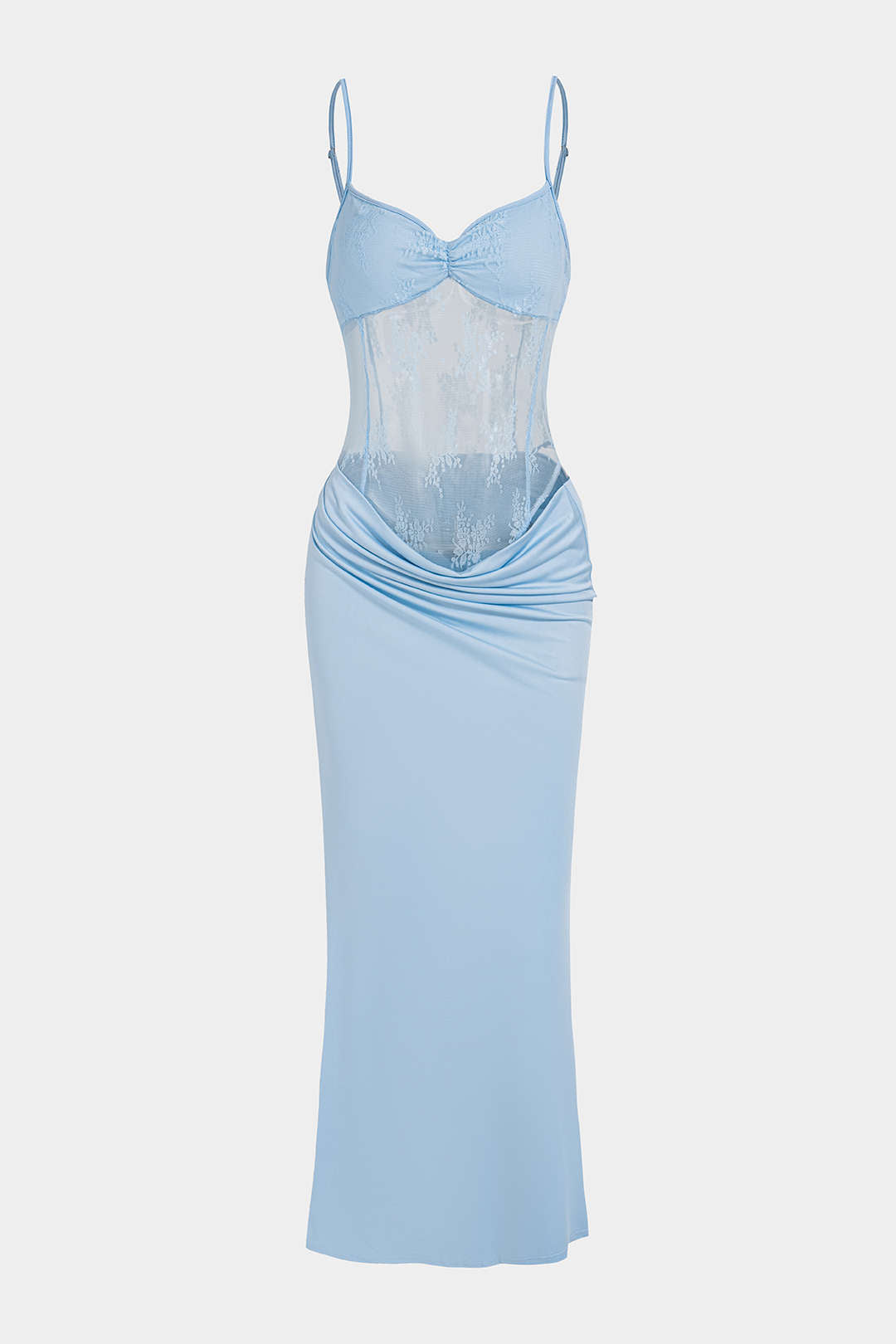 Spitzen-Patchwork gerafftes Cut-Out Slip-Maxikleid