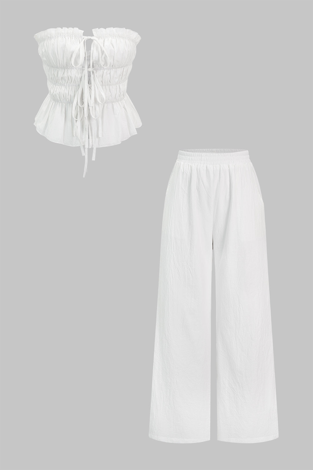 Gerafftes schulterfreies Oberteil und weite Hose Set