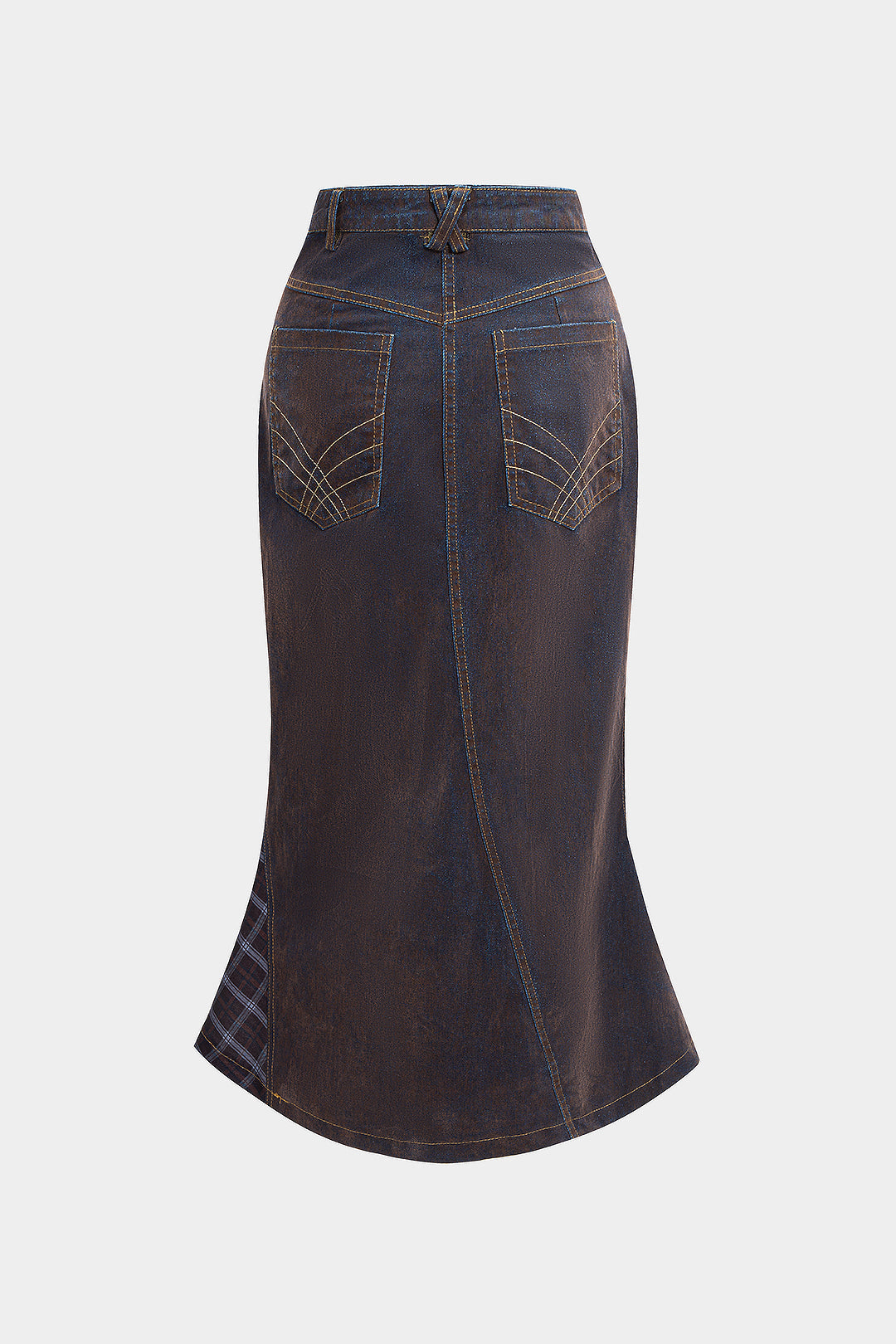 Denim Washed Plaid Print Patchwork Skirt