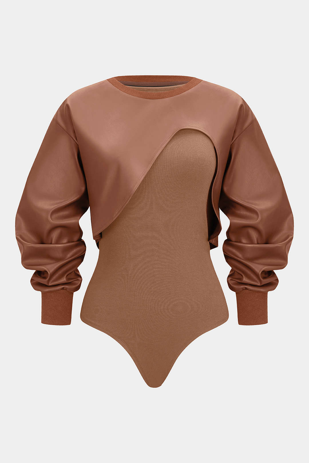 Kunstleder Patchwork Rundhals Asymmetrisch Langarm Bodysuit