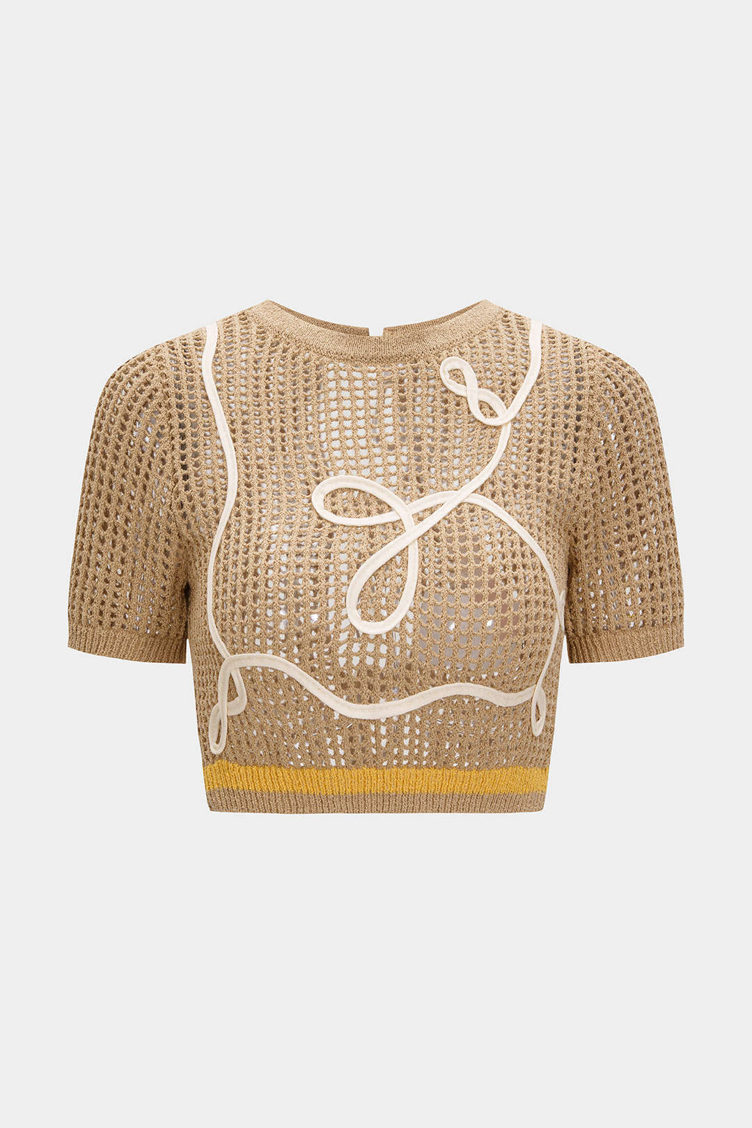 Open Knit 3D Embroidery Print Contrast Tie Back Short-Sleeve Top