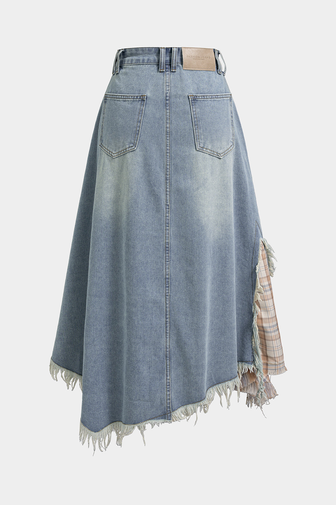 Jupe asymétrique déchirée en patchwork de denim à imprimé carreaux