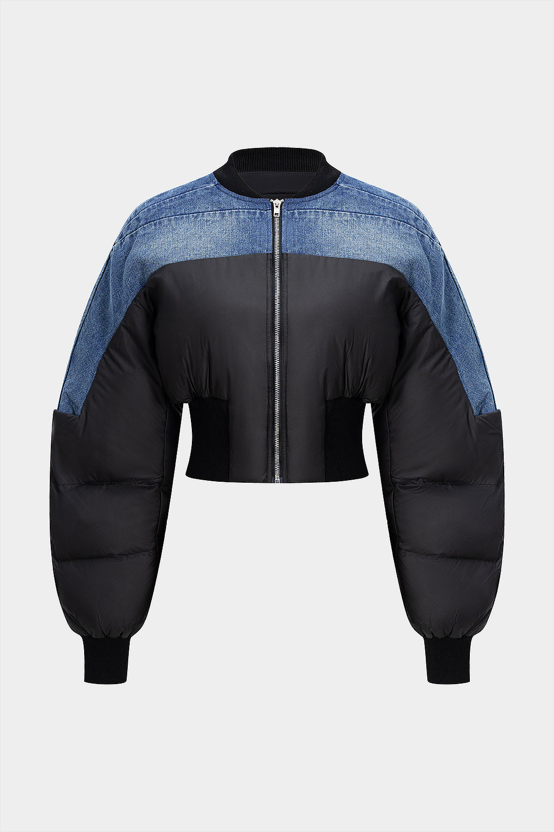 Doudoune matelassée zippée en jean patchwork