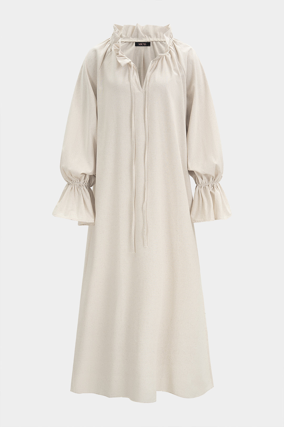 Leinenkleid mit Raffungen, langen Ärmeln und Schlitz zum Binden