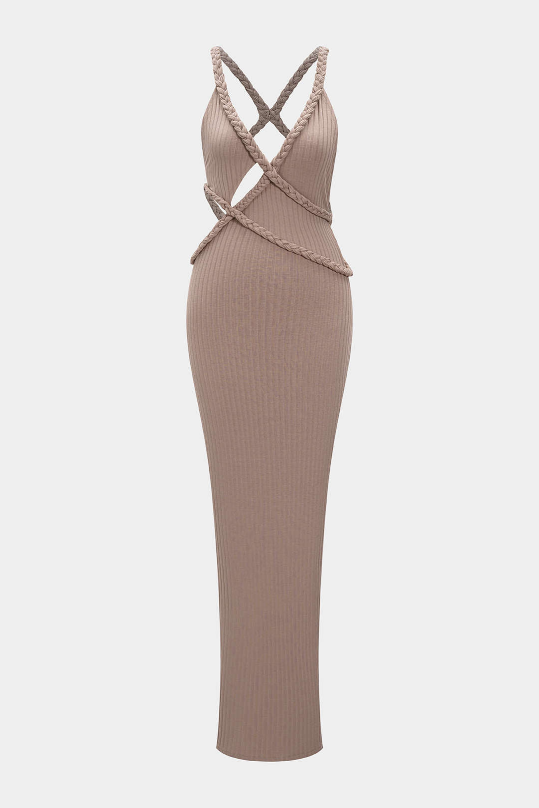 Robe longue asymétrique sans manches et dos nu tressé