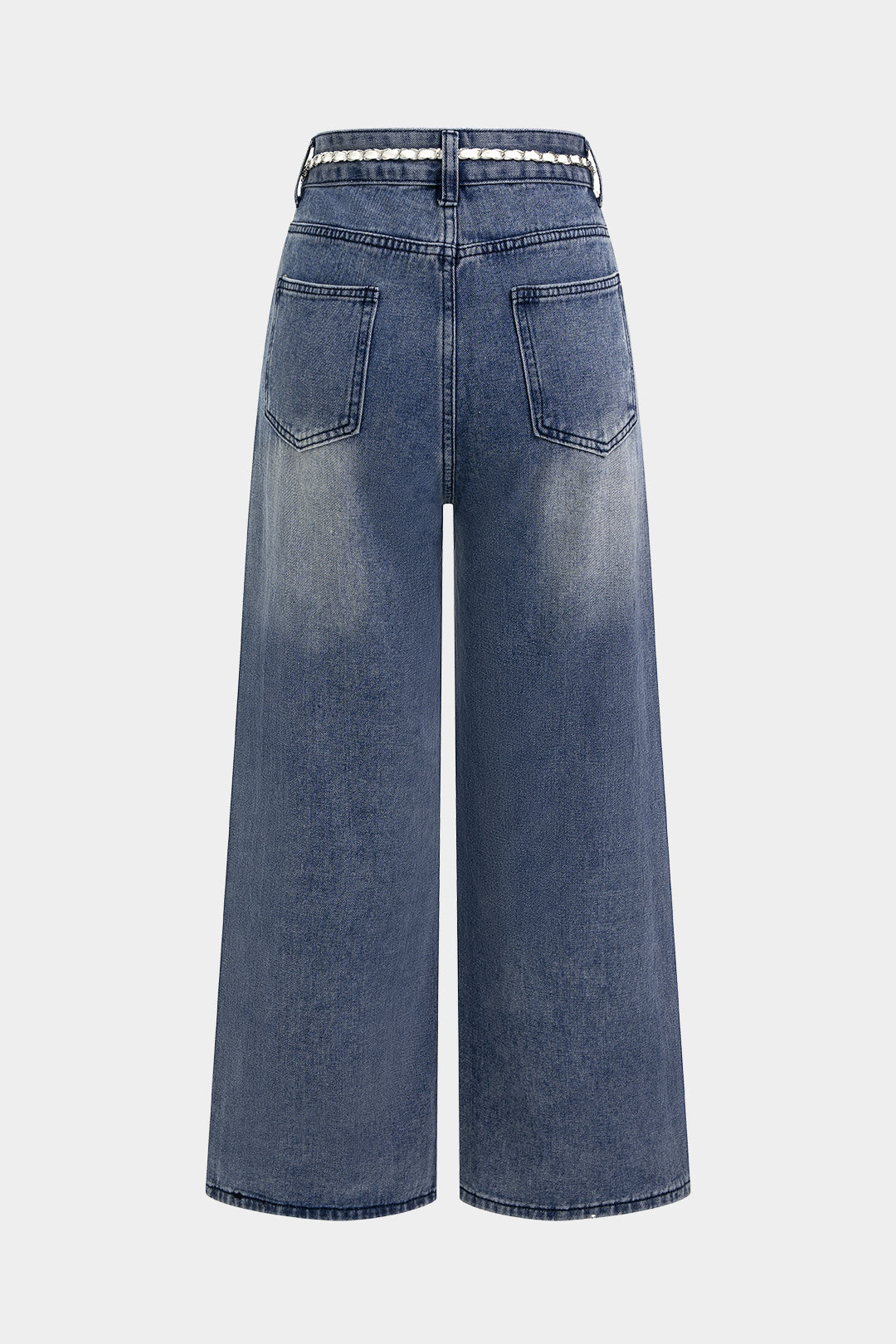 Jeans mit Gürtel, asymmetrischem Schnitt, Mesh-Patchwork, Denim und Strassdekor