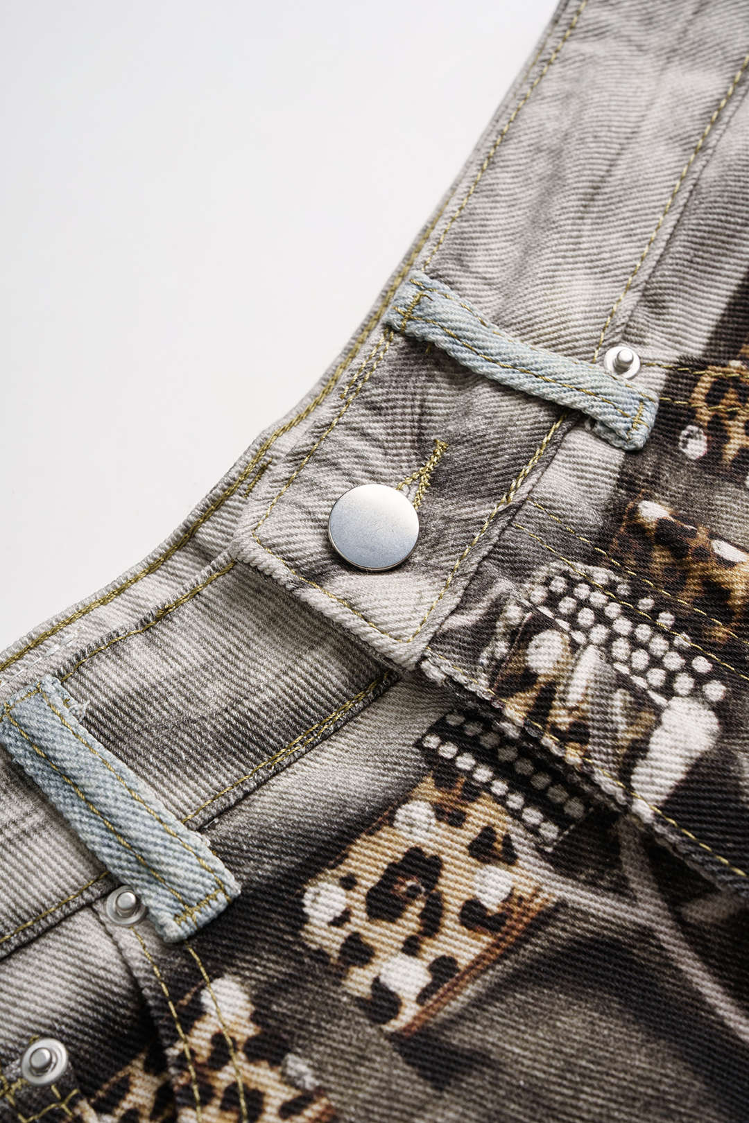 Artistic Denim Print Button Pocket Straight Leg Pants