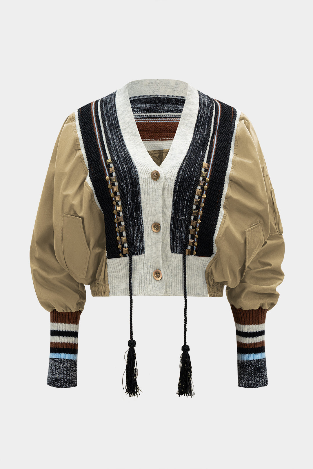 Knit Patchwork V-Neck Studded Fringe Decor Puffer