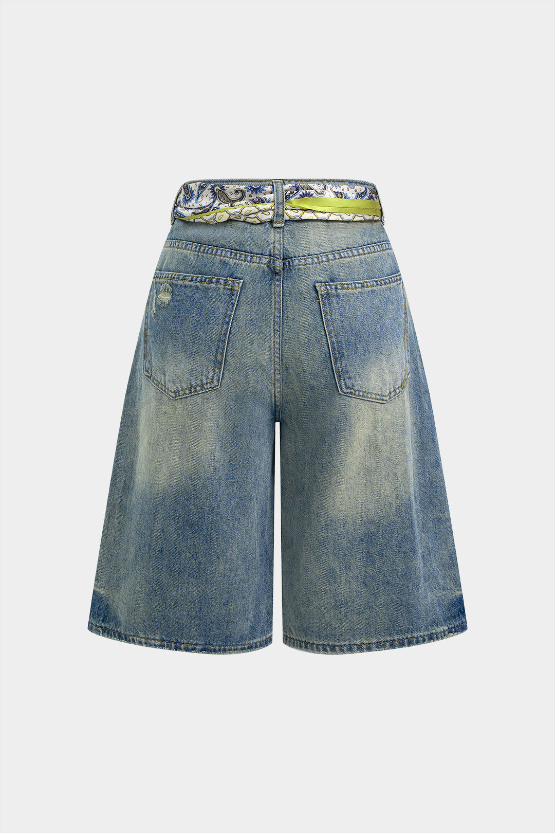Denim Artistic Print Tie-Up Straight Leg Shorts