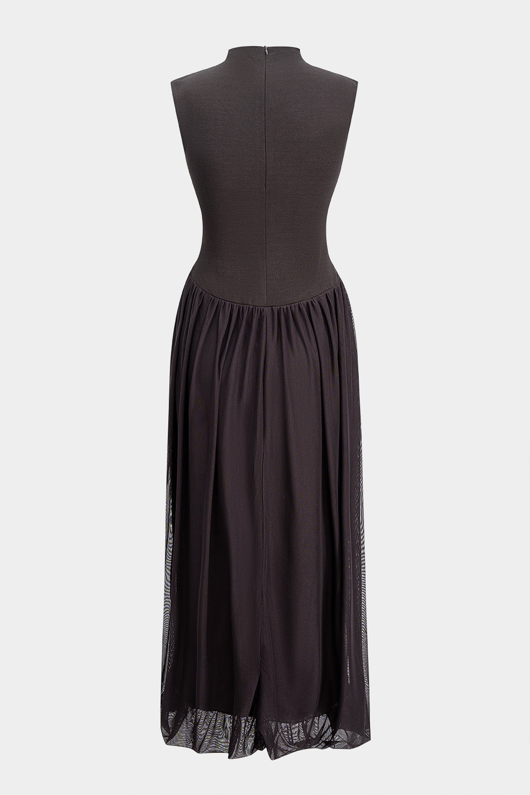 Patchwork Mesh Mock Neck Ruched Sleeveless Midi Dress