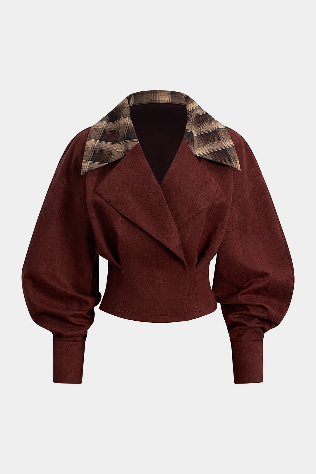 Wildleder-Patchwork-Langarmtop mit gekerbtem Revers