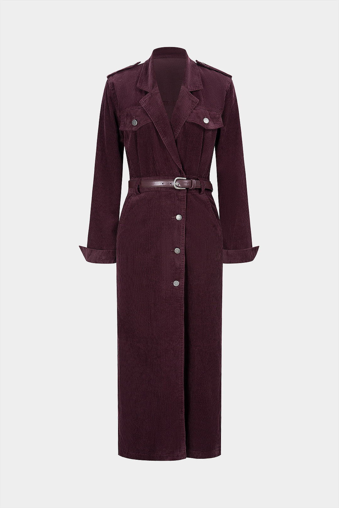 Kord Midikleid mit gekerbtem Revers, geknöpften Taschen und Gürtel