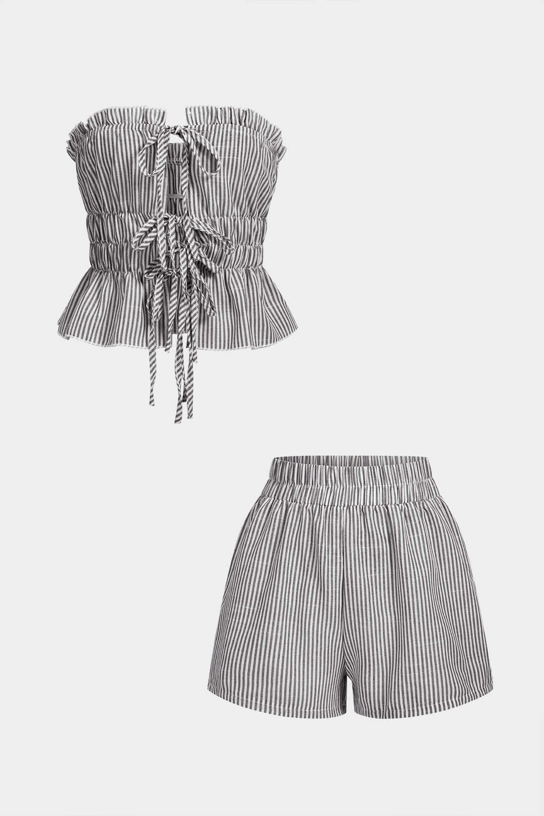 Stripes Print Ruffle Tie-Up Tube Top And Shirred Waistband Shorts Set