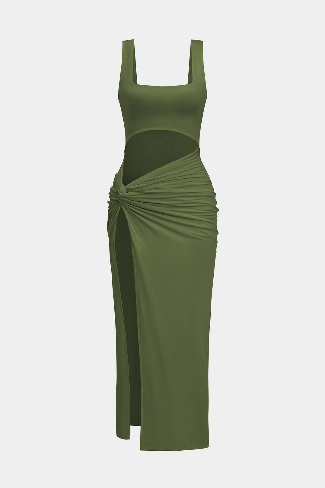 Robe midi unie avec découpe et fente à torsion sur le devant