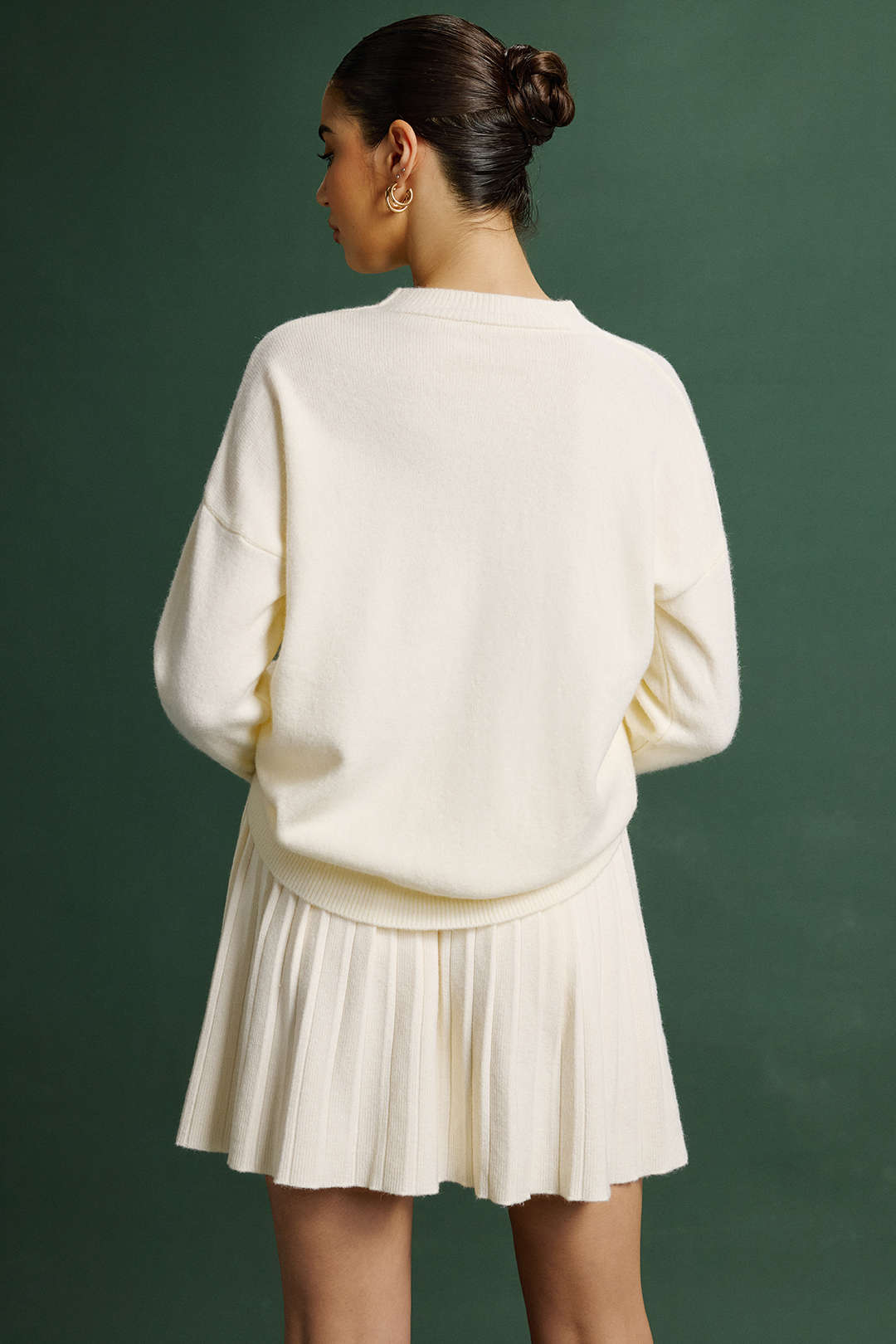 Knit Round Neck Long-Sleeve Top And Pleated Belted Skirt Set