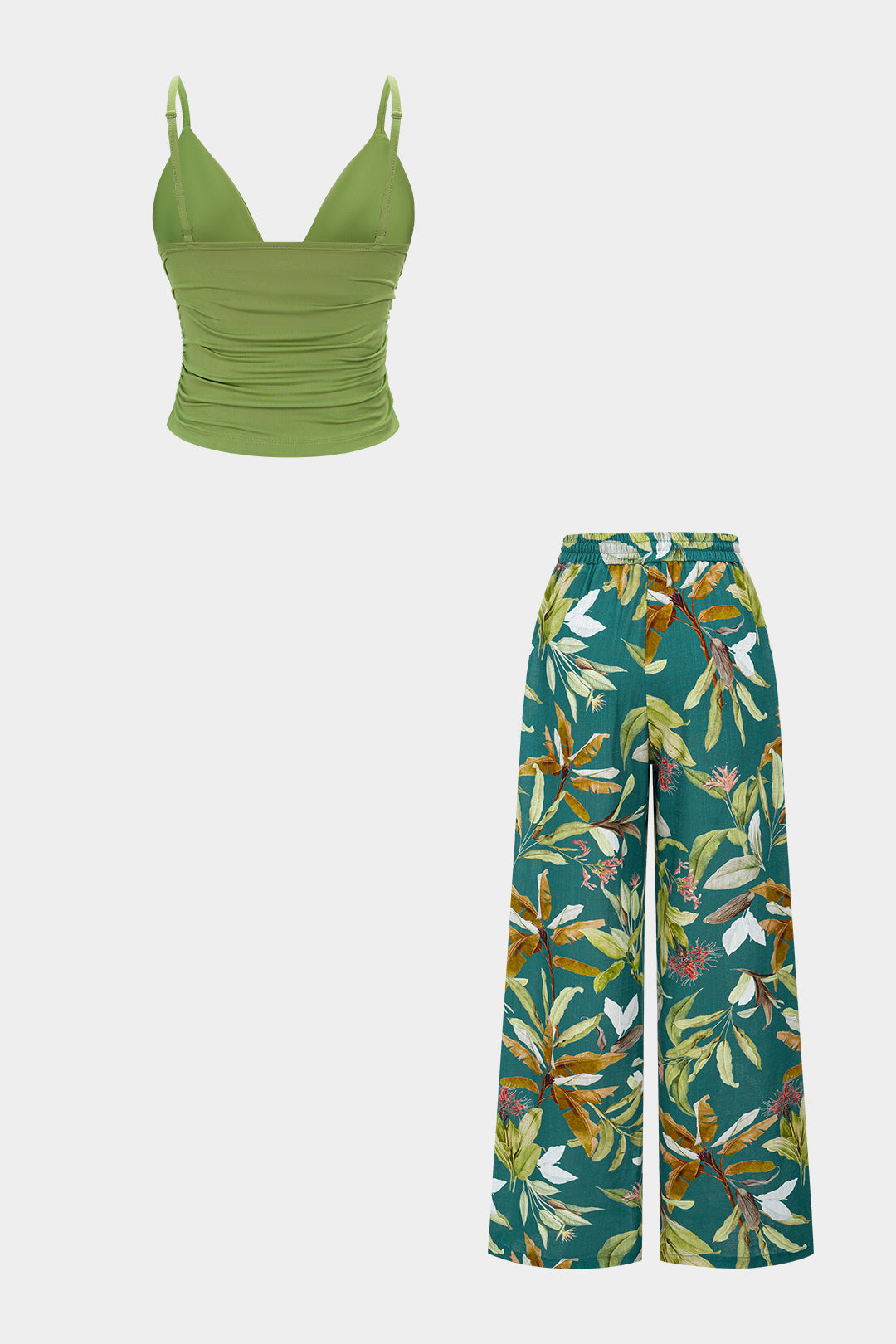V-Ausschnitt Gerafftes Camisole-Top Und Hose Mit Weitem Bein Mit Blumen-Blätter-Print Und Bindedetail Im Set