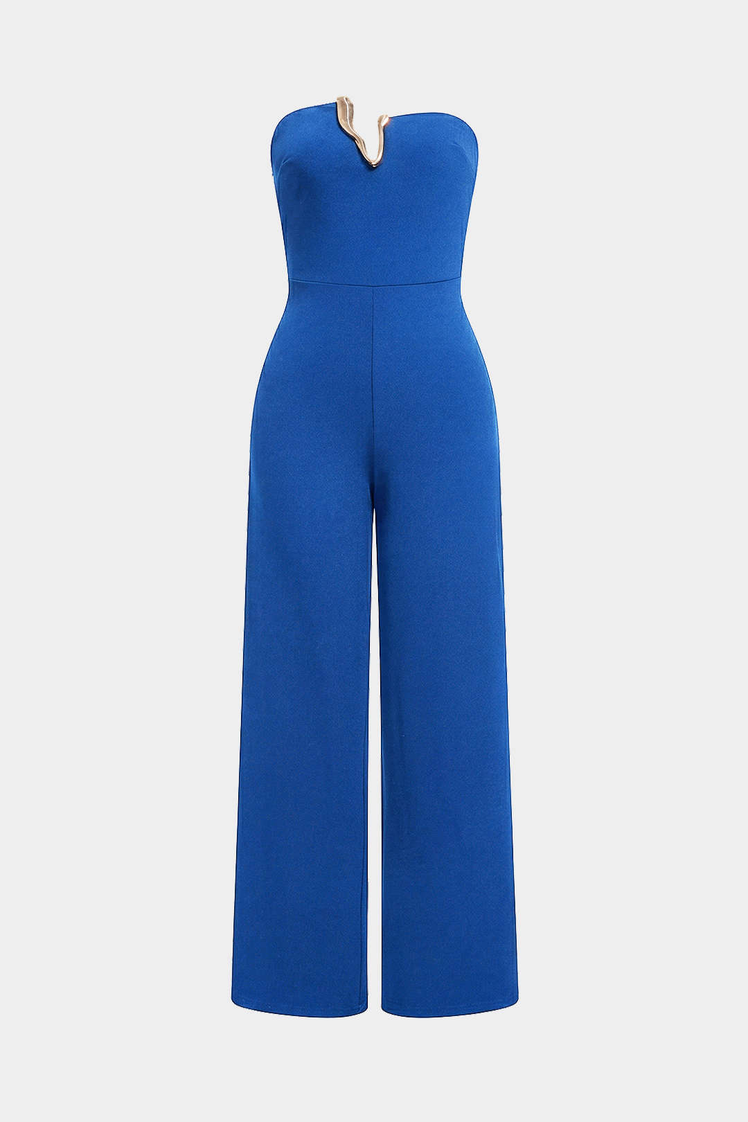 Unregelmäßiger trägerloser Metallic-Jumpsuit mit weitem Bein