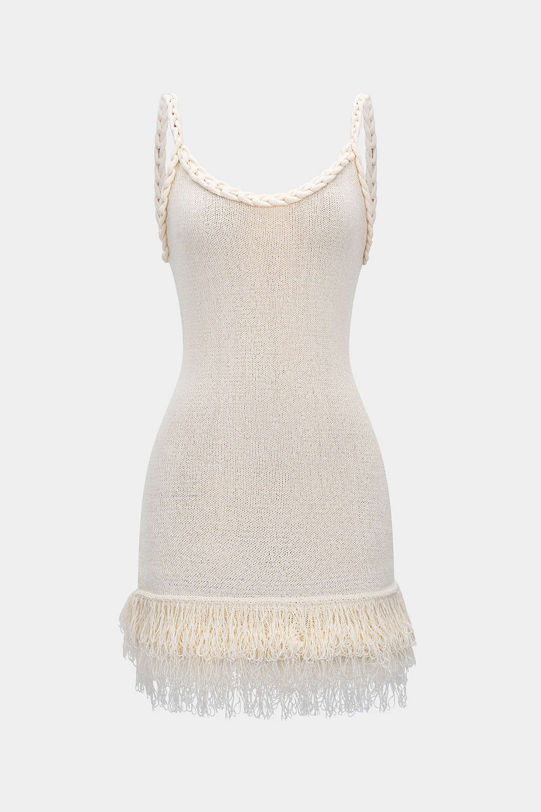 Robe Courte Sans Manches Dos Nu Tressé à Franges en Maille Ajoutée