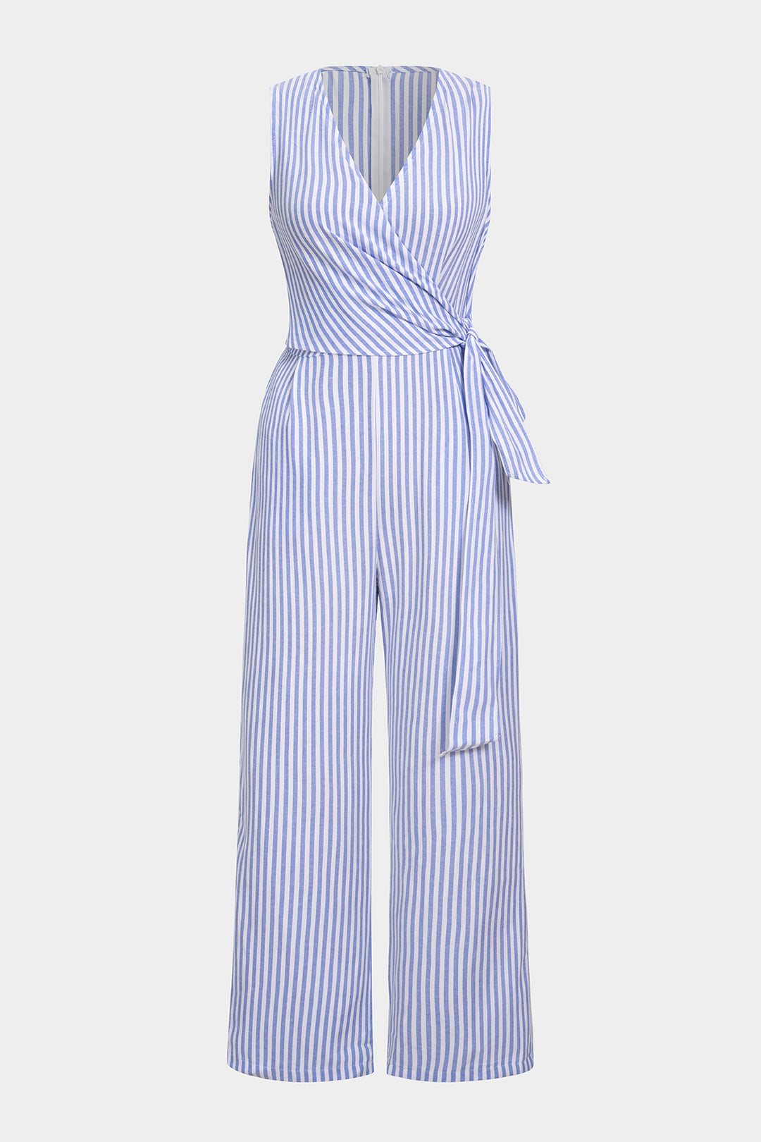 Gestreifter Jumpsuit mit V-Ausschnitt, Bindedetail und weitem Bein
