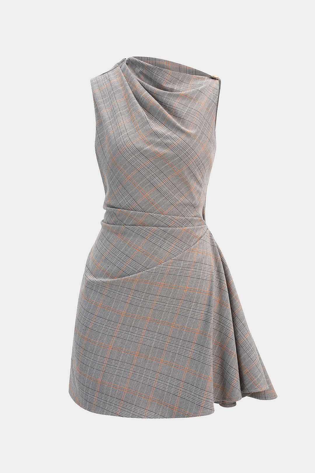 Plaid Print Asymmetrical Ruched Mini Dress