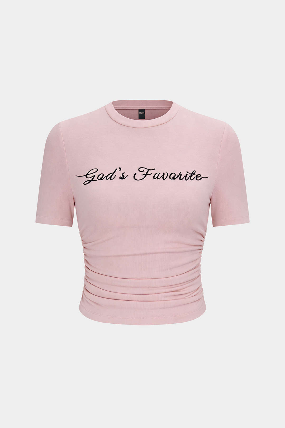 Besticktes T-Shirt mit Rundhalsausschnitt, gerafften kurzen Ärmeln und Schriftzug