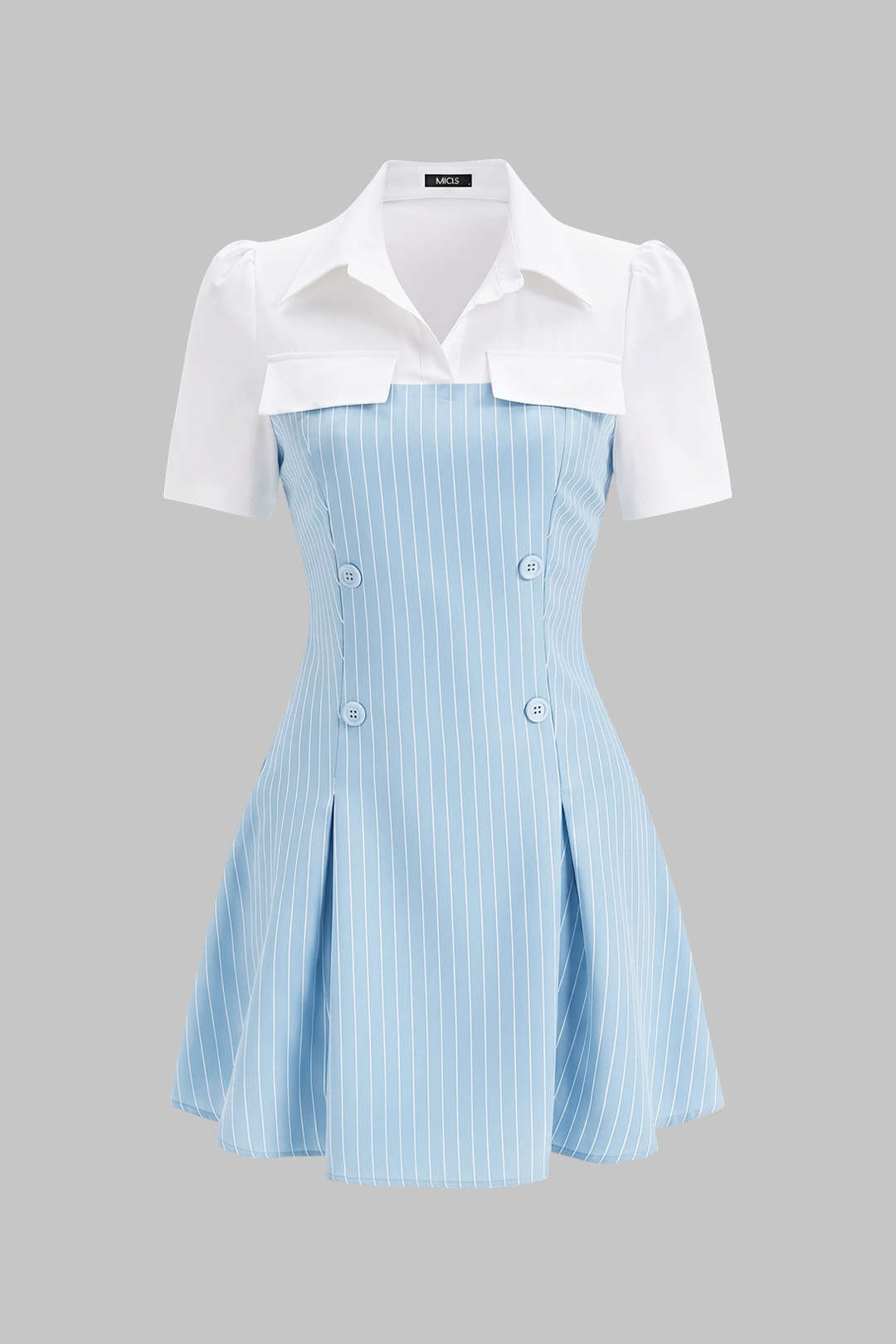 Minikleid mit Streifenmuster, Knopfleiste, Revers und kurzen Ärmeln im Patchwork-Design