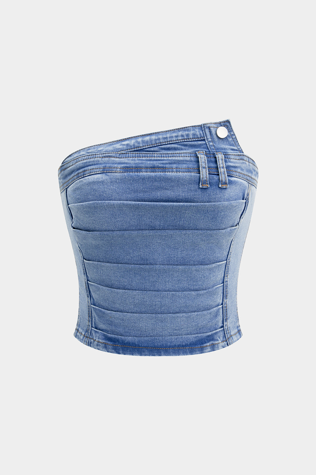 Denim Ruched Asymmetrical Strapless Tube Top