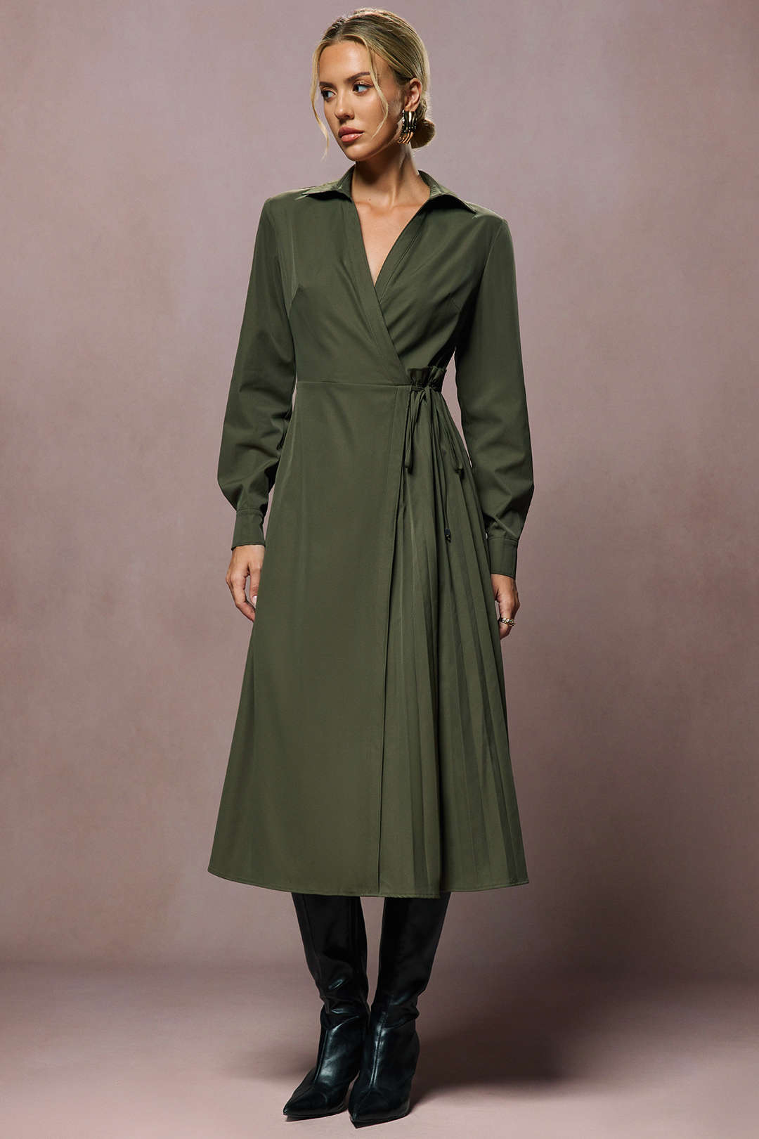 Tie-Up V-Neck Long Sleeve Midi Dress