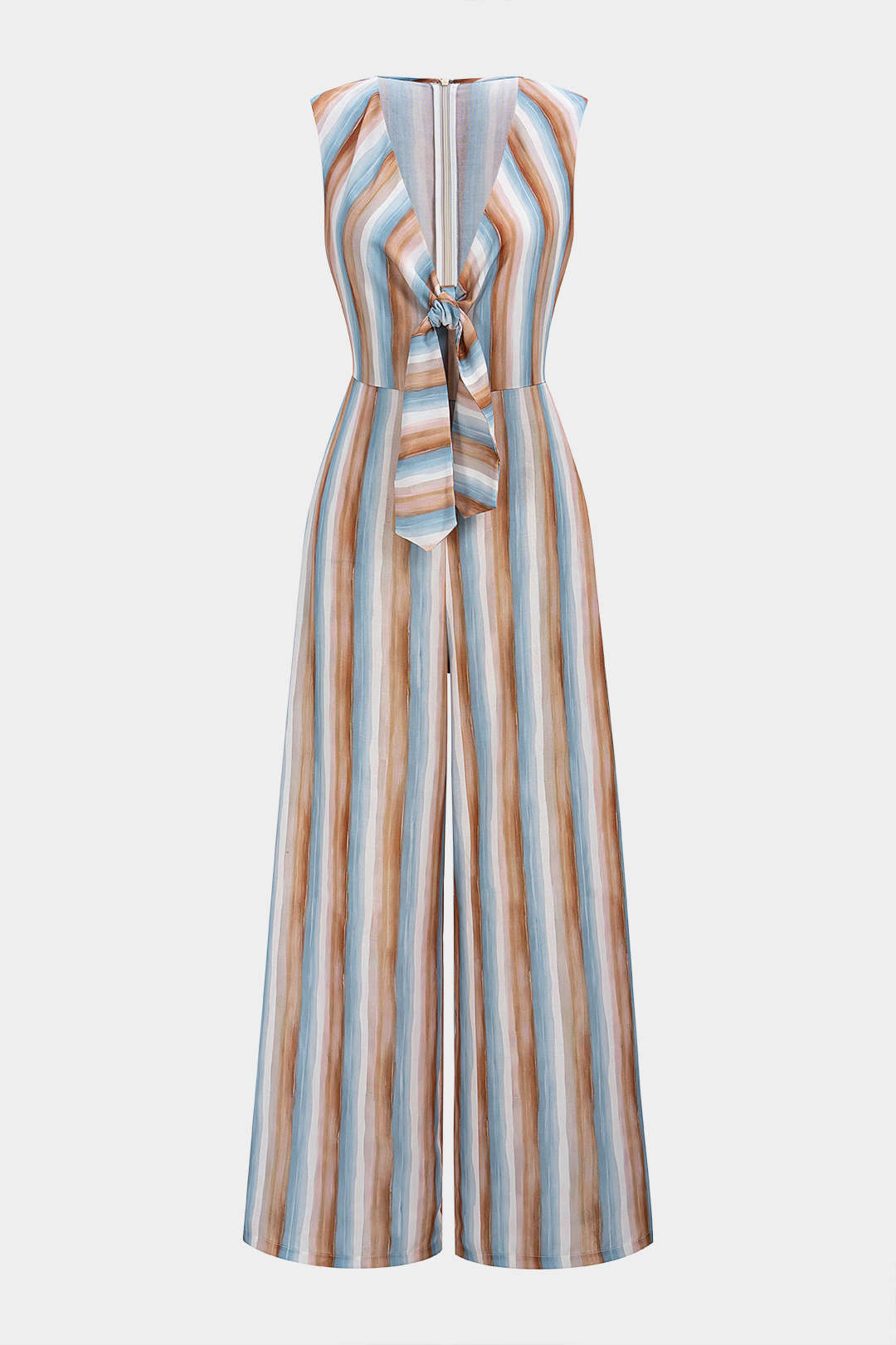 Stripes Print V-Neck Strappy Sleeveless Jumpsuit