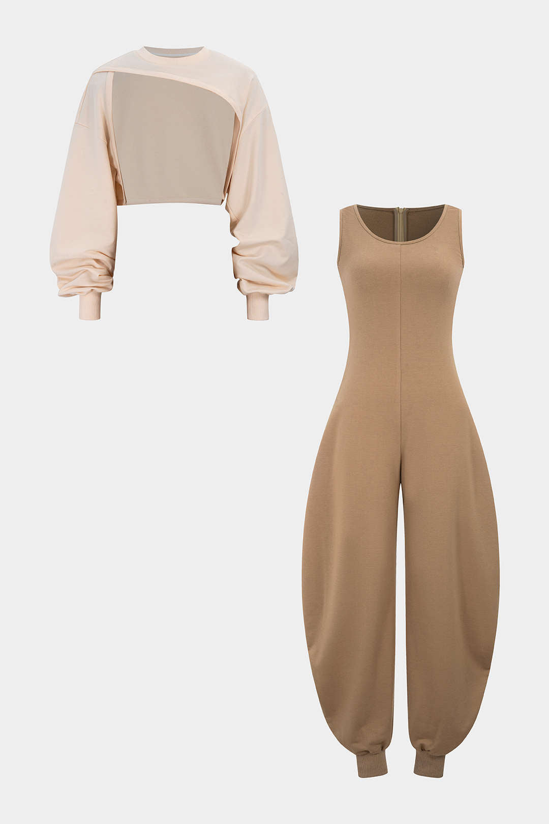 Solid Long-Sleeve Top And Sleeveless Jumpsuit Set