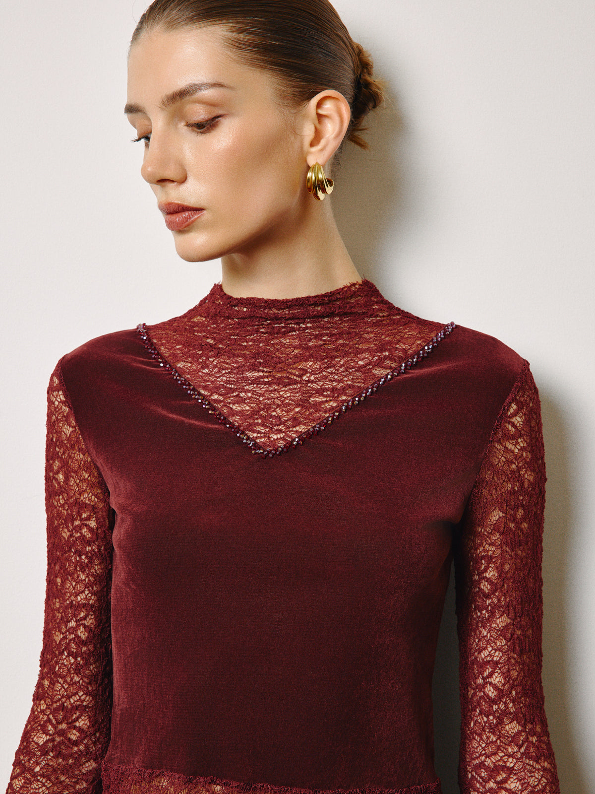 Semi-Sheer Rhinestone Velvet Panel Lace Slim Top