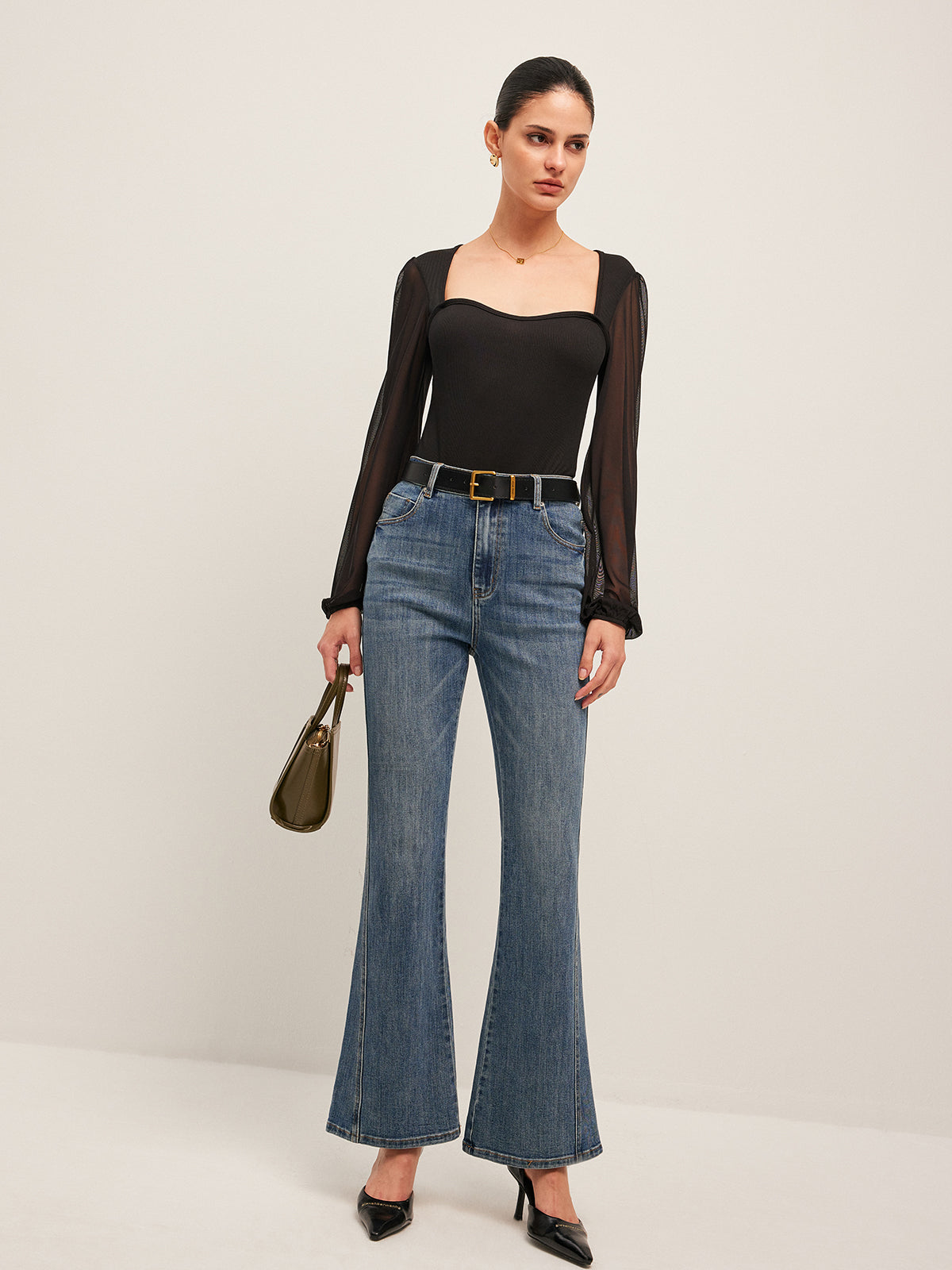 Semi-Sheer Mesh Sleeve Ribbed Bodysuit