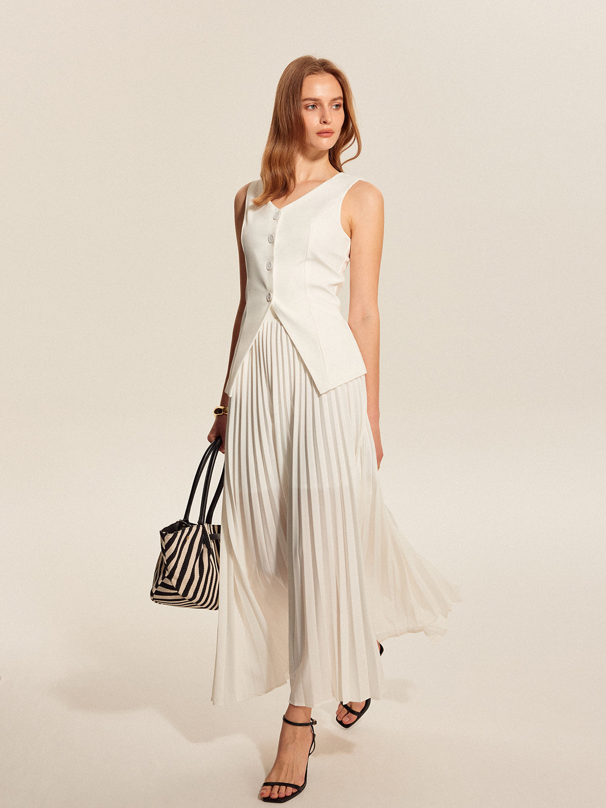 Buttoned Vest Pleated Skirt Set