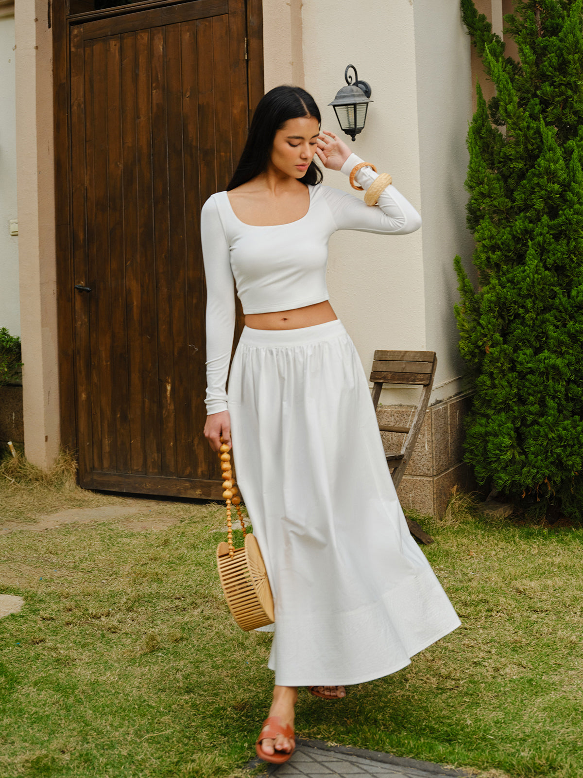 Scoop Neck Long Sleeve Crop Top