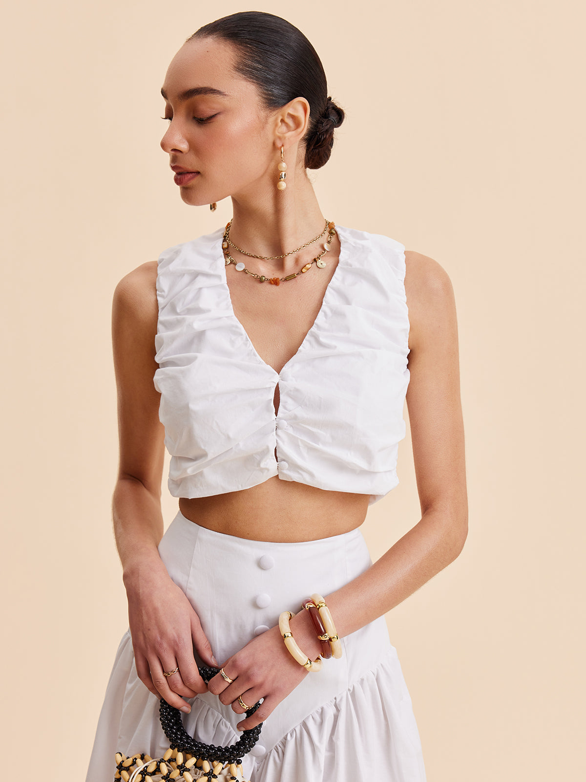 Ruched Crop Top With Buttoned Skirt Set