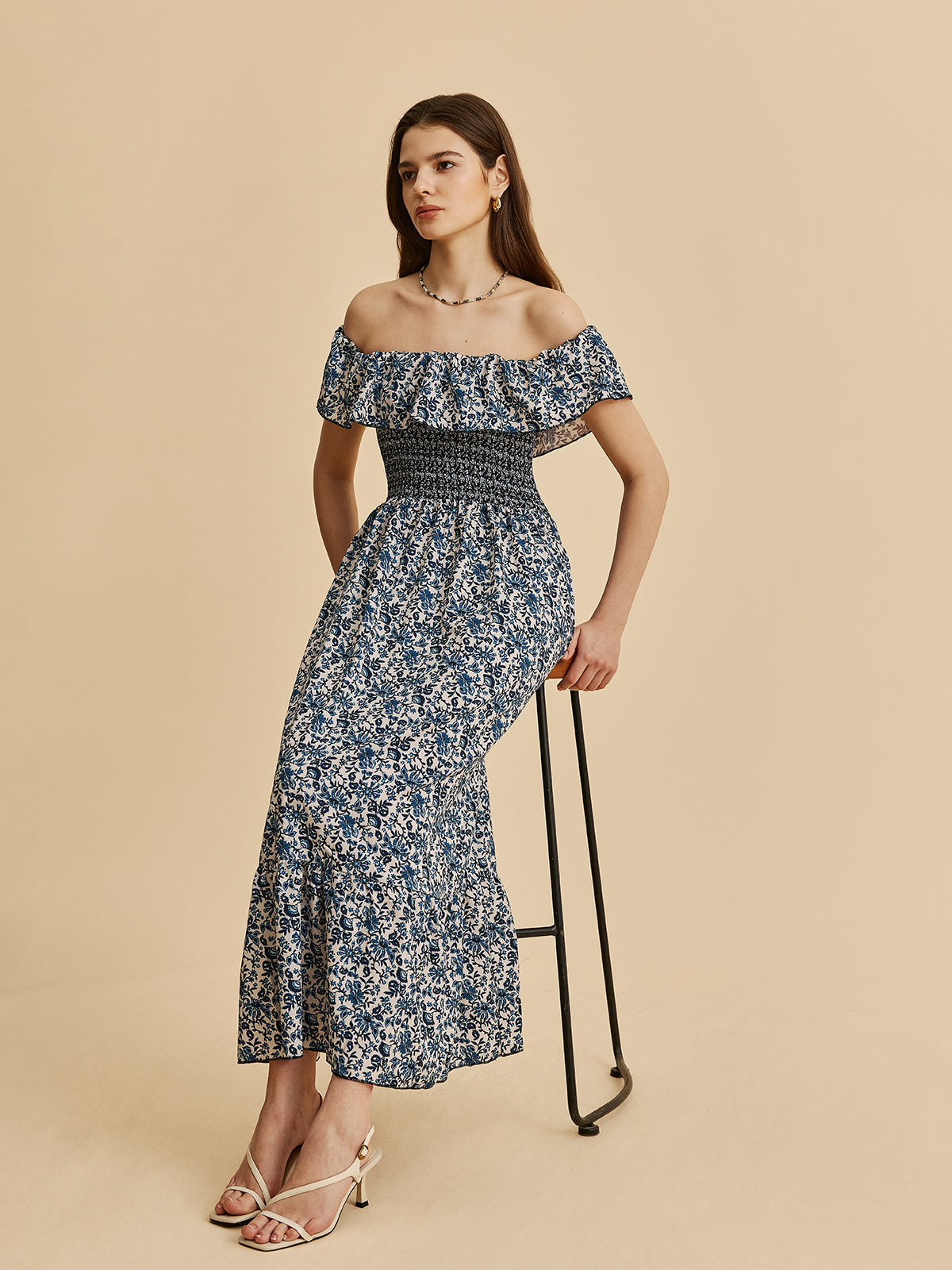 Boho Smocked Off-Shoulder Ruffle Floral Dress