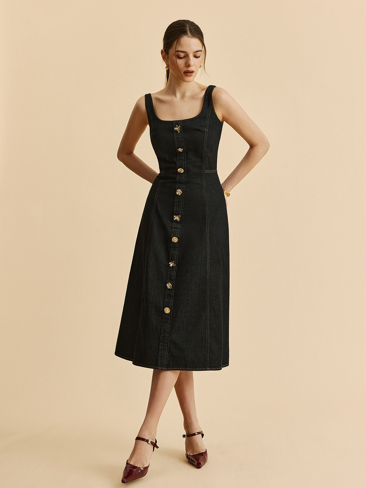 Square Neck Denim Button Dress