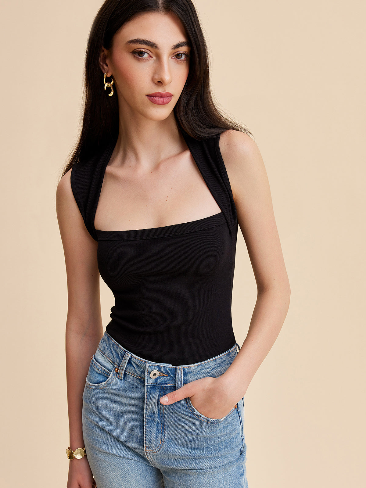 Square Neck Ribbed Tank Top