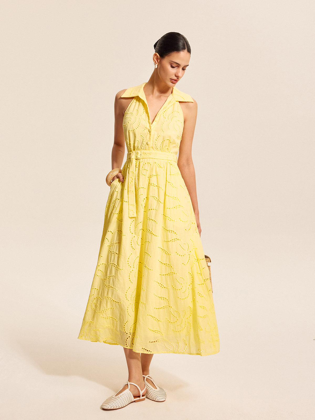 Cotton Belted Embroidered Dress