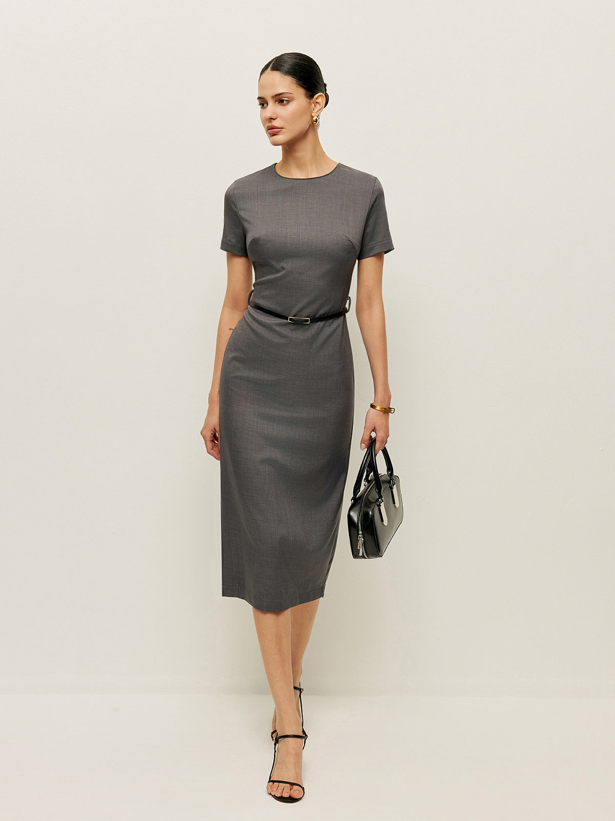 Belted Short Sleeve Pencil Dress