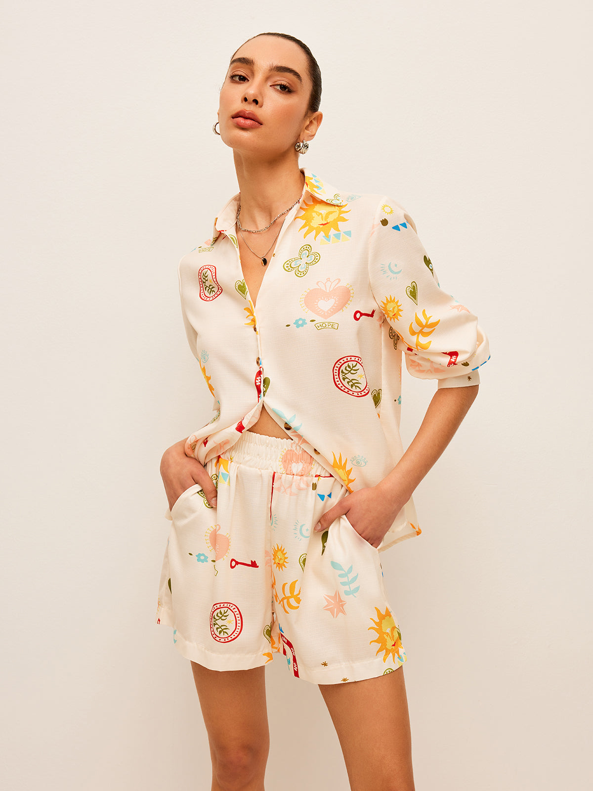 Pleated Pattern-Print Shorts Set