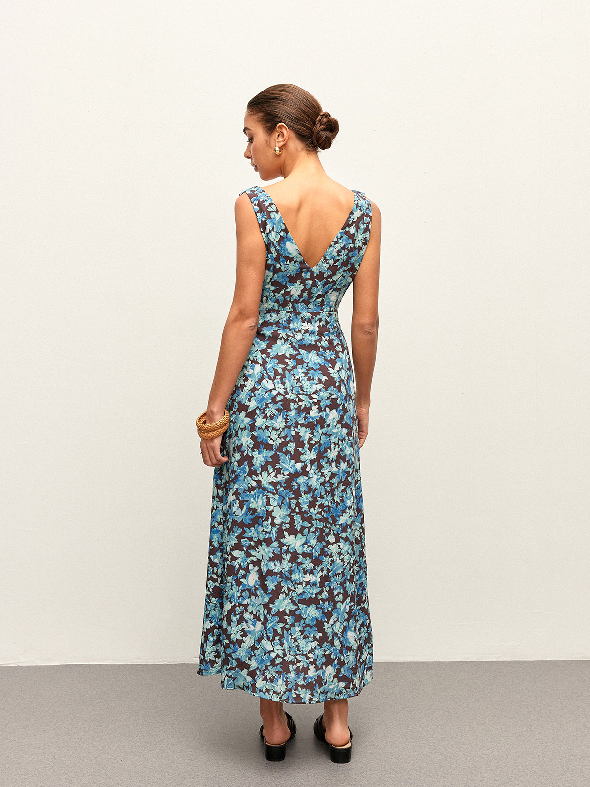 Floral Lettuce Trim V-Neck Zipper Dress
