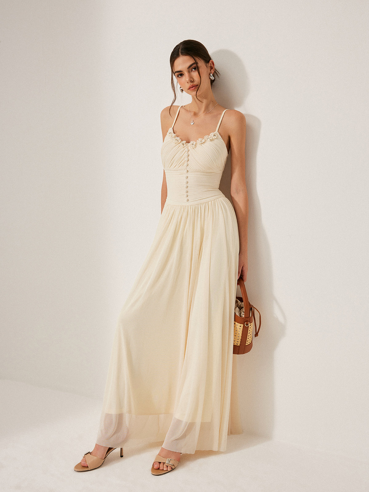 Button-Detail Mesh Panel Dress