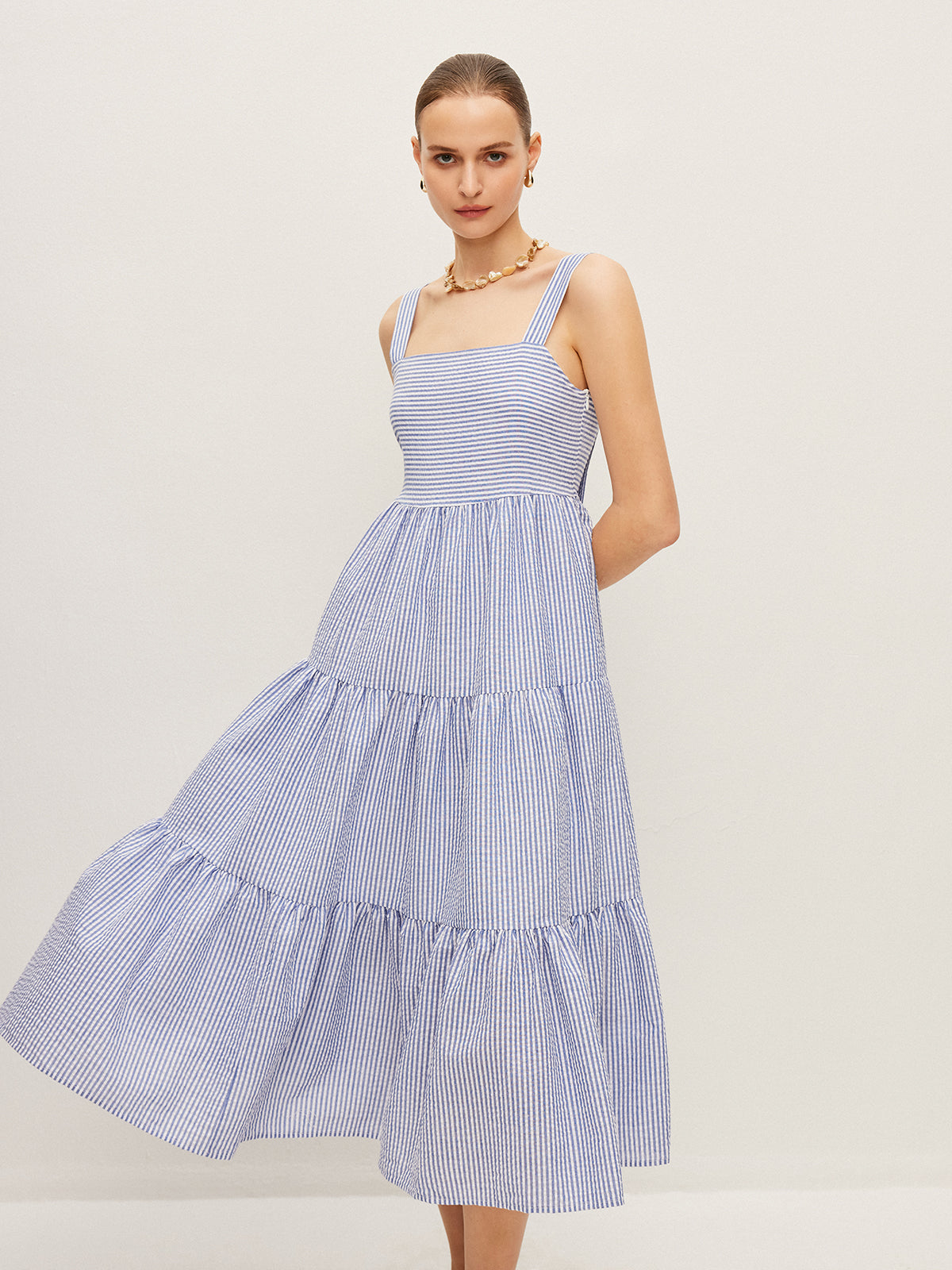 Striped Button-Detail Sleeveless Dress