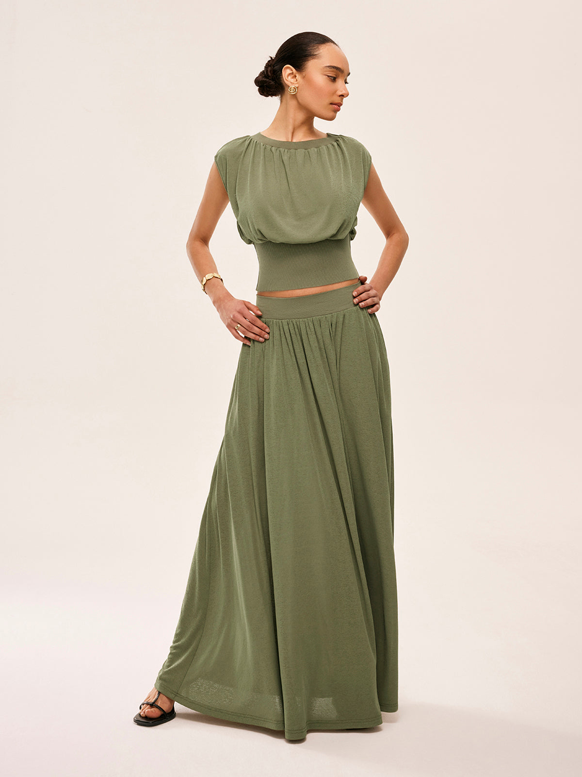 Gathered Waist Top With Flowy Skirt Set