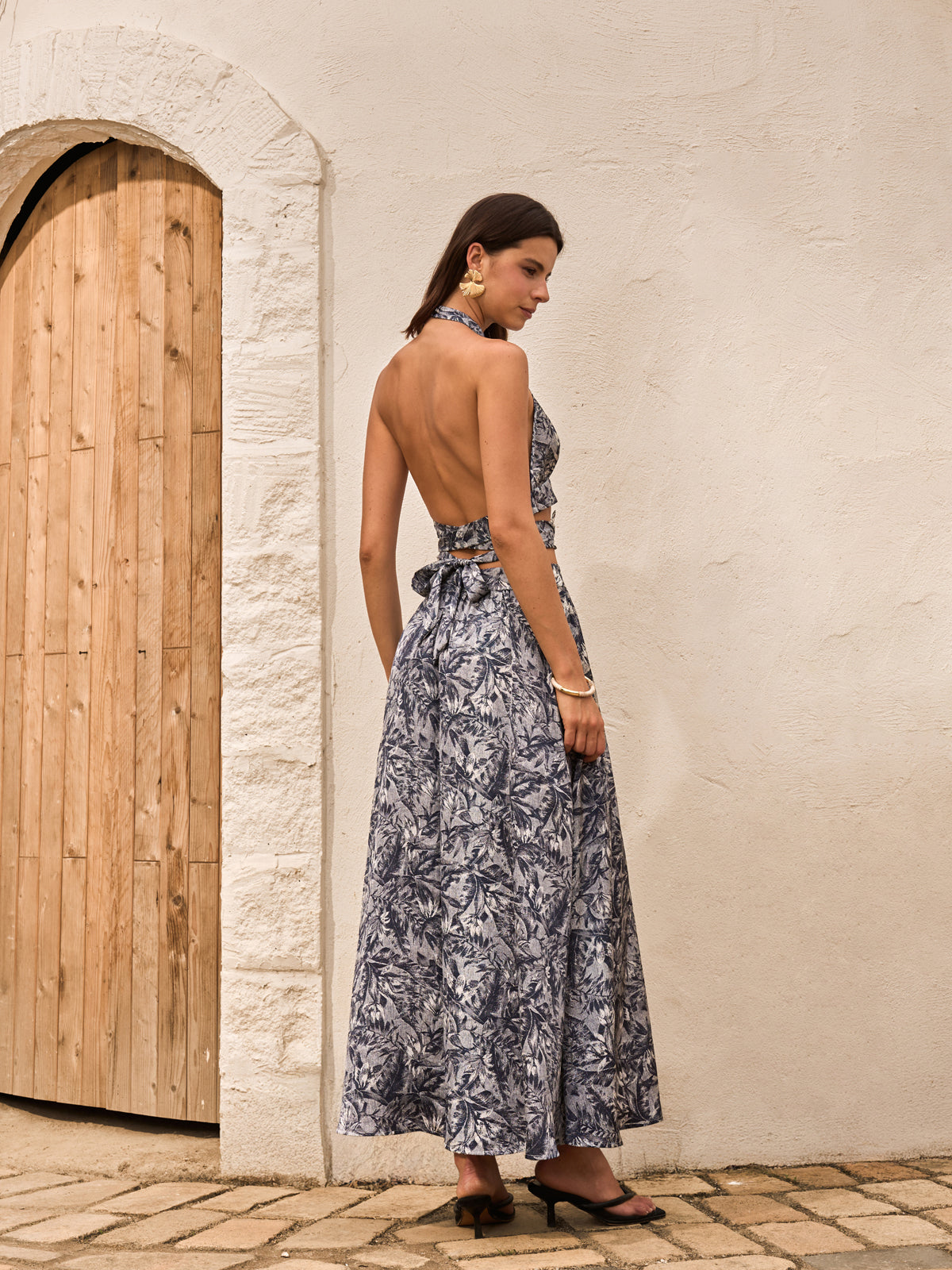 Printed Halter Backless Skirt Set With Tie-Back