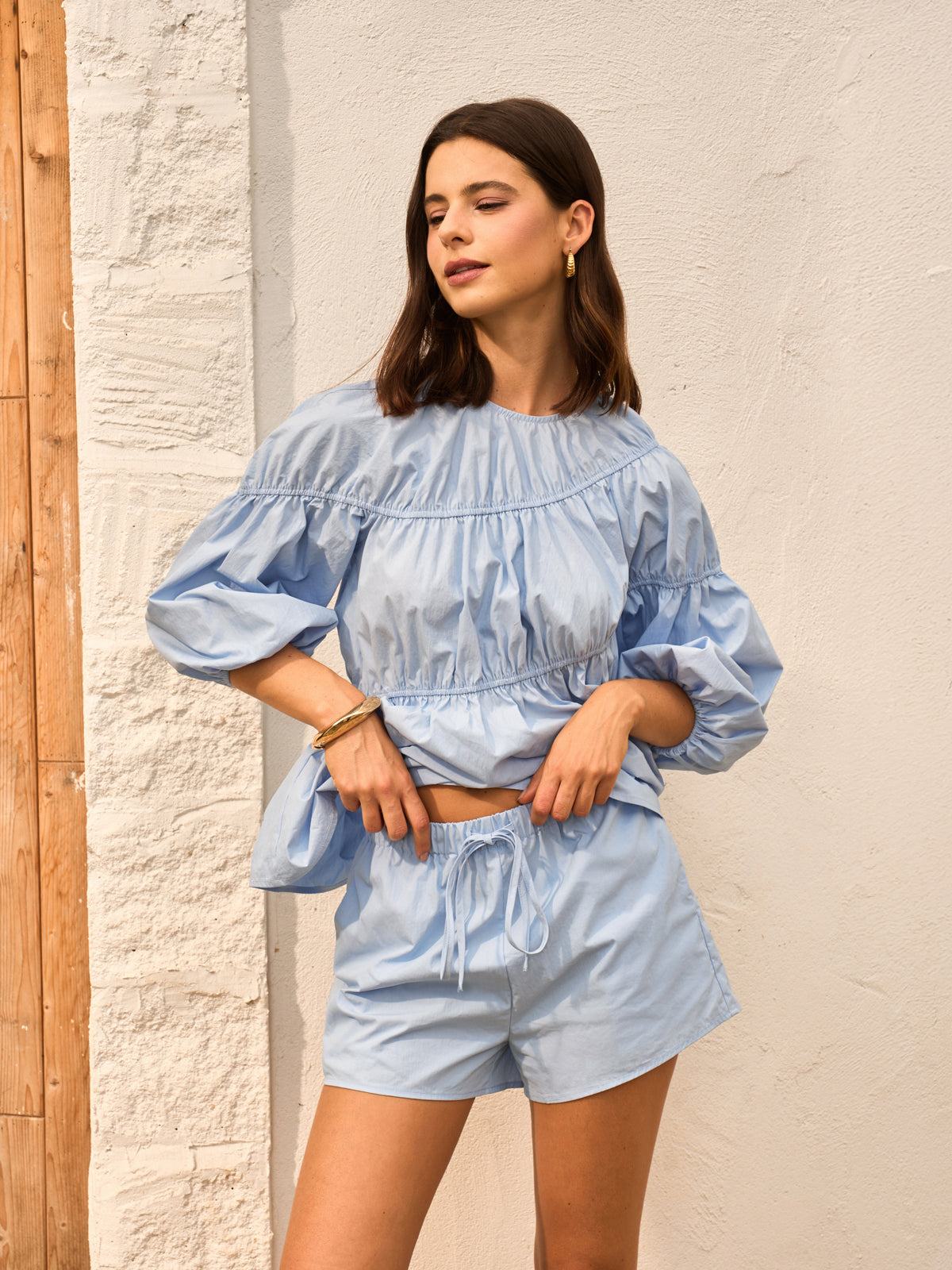 Cotton-Blend Puff Sleeve Top With Shorts Set